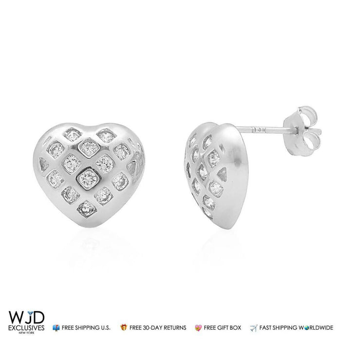 14k Yellow Gold White Gold Pave CZ Heart Stud Push Back Earrings