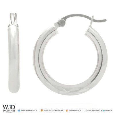 14K Solid White Gold 3mm Thick Diamond Cut Hoop Earrings 0.8"