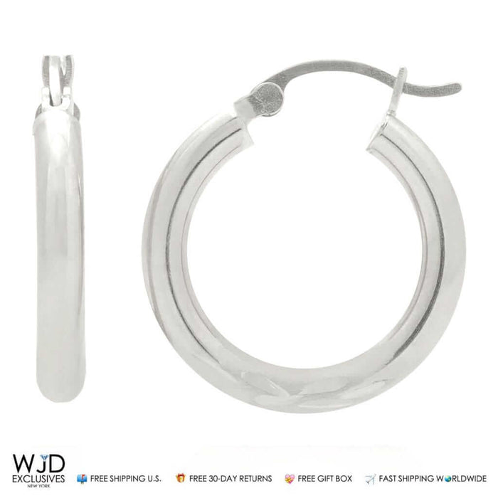 14K Solid White Gold 3mm Thick Diamond Cut Hoop Earrings 0.8"