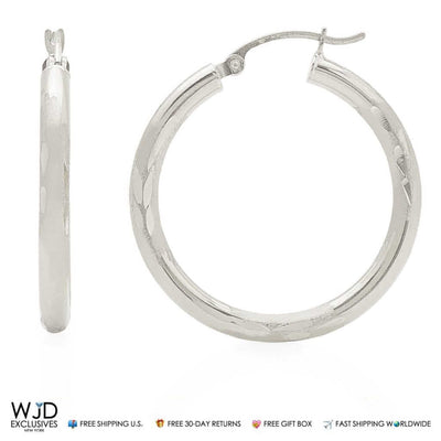 14K Solid White Gold 3mm Thick Diamond Cut Hoop Earrings 1.2"