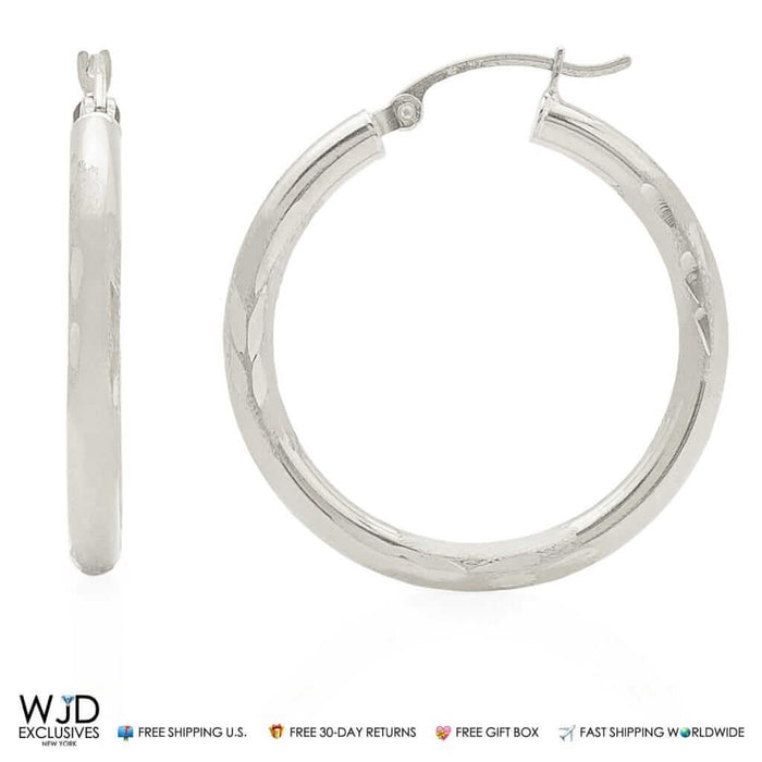 14K Solid White Gold 3mm Thick Diamond Cut Hoop Earrings 1.2"