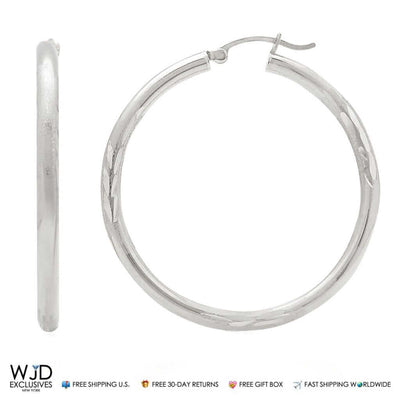 14K Solid White Gold 3mm Thick Diamond Cut Hoop Earrings 1.6"