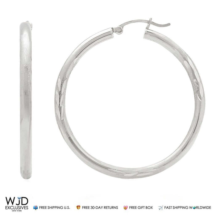 14K Solid White Gold 3mm Thick Diamond Cut Hoop Earrings 1.6"