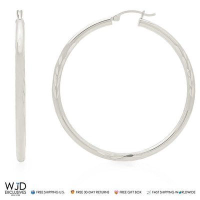 14K White Gold 3mm Wide Diamond-Cut Hoop Earrings 2"