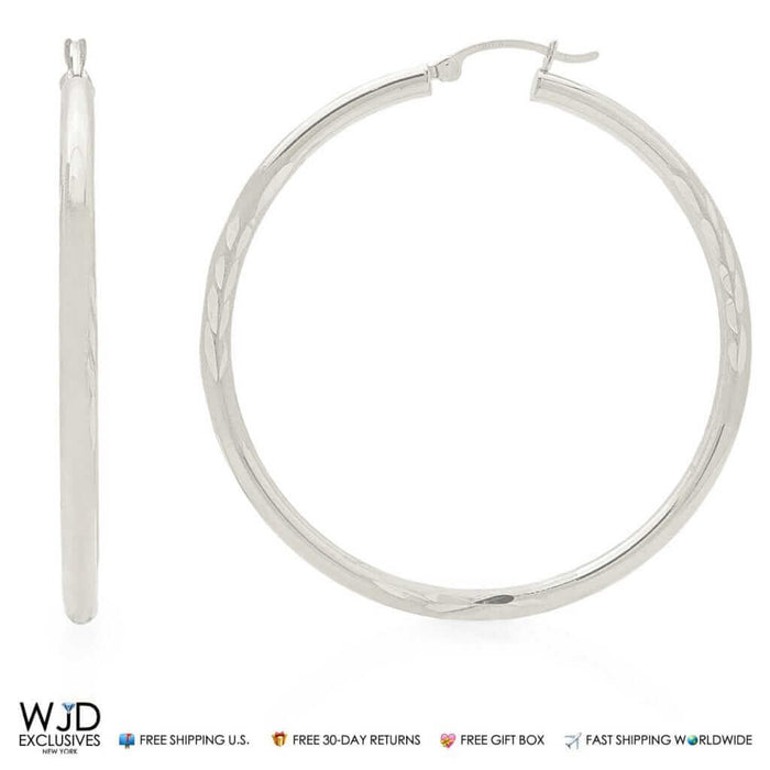 14K White Gold 3mm Wide Diamond-Cut Hoop Earrings 2"