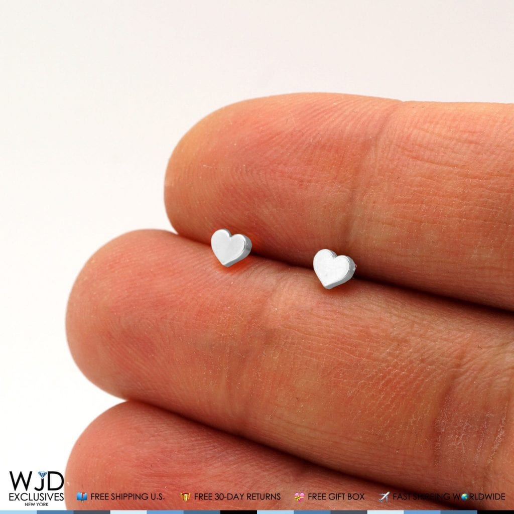 14K Solid White Gold 4mm Small Heart Shape Screw Back Stud Earrings