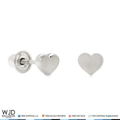 14K Solid White Gold 4mm Small Heart Shape Screw Back Stud Earrings