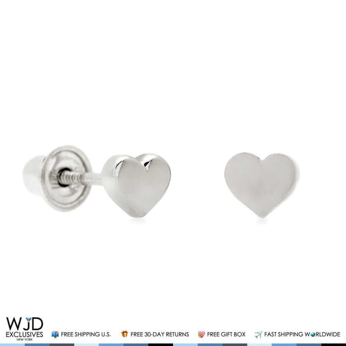 14K White Gold 4mm Small Heart Shape Screw Back Stud Earrings