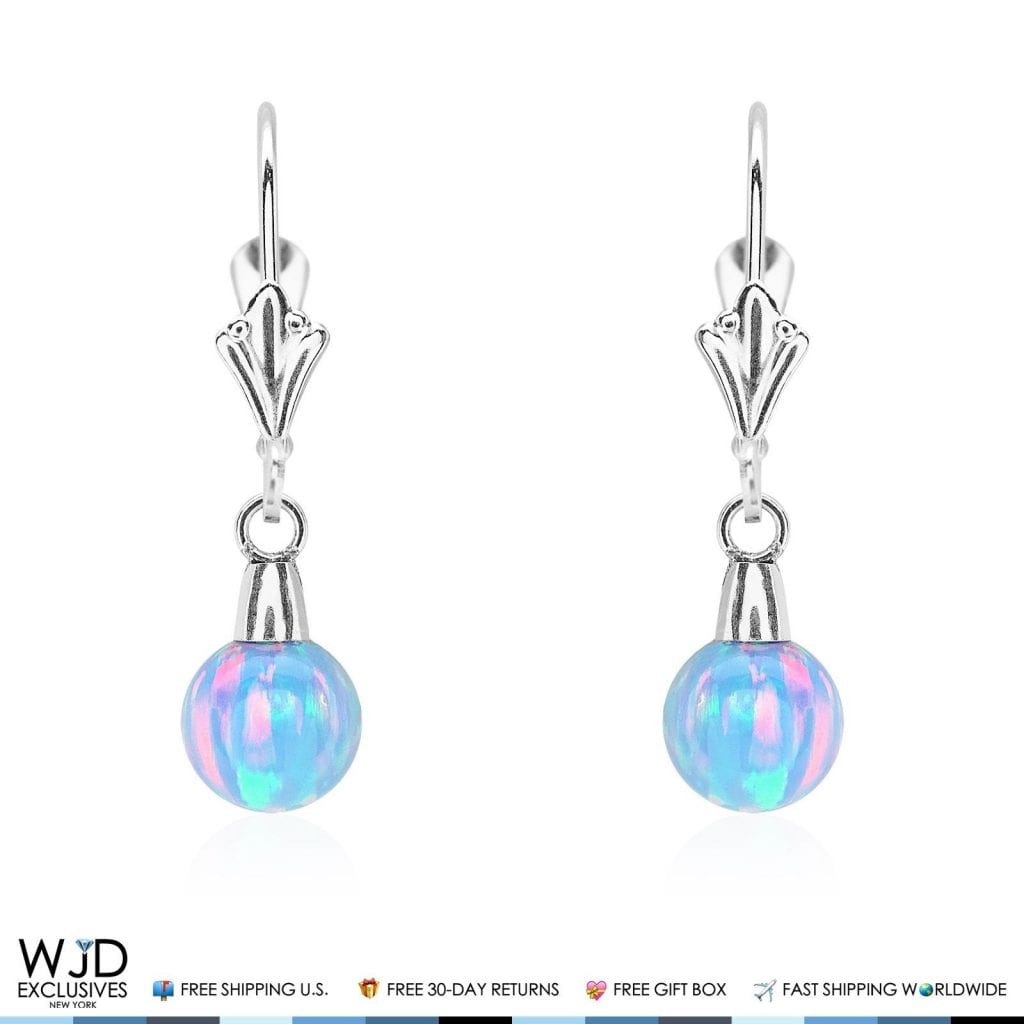 14K Solid White Gold 6 mm Ball Shaped Blue Fire Opal Leverback Dangle Earrings