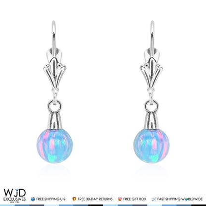 14K Solid White Gold 6 mm Ball Shaped Blue Fire Opal Leverback Dangle Earrings