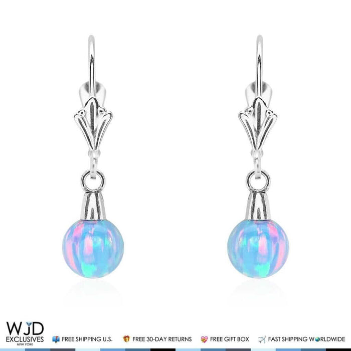 14K White Gold 6mm Ball Shaped Blue Fire Opal Leverback Dangle Earrings