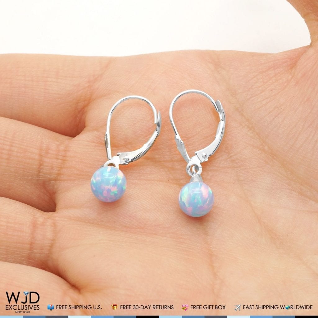 14K Solid White Gold 6 mm Ball Shaped Blue Fire Opal Leverback Dangle Earrings