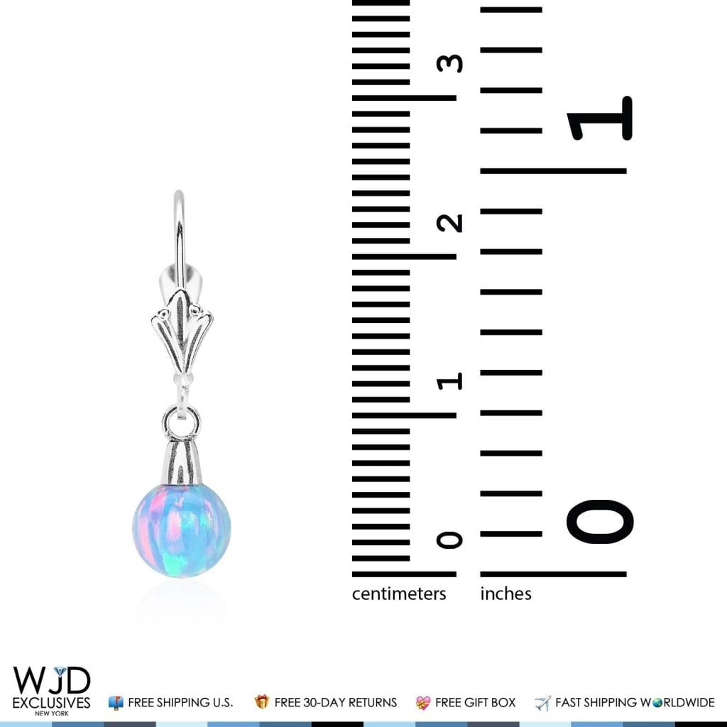 14K Solid White Gold 6 mm Ball Shaped Blue Fire Opal Leverback Dangle Earrings