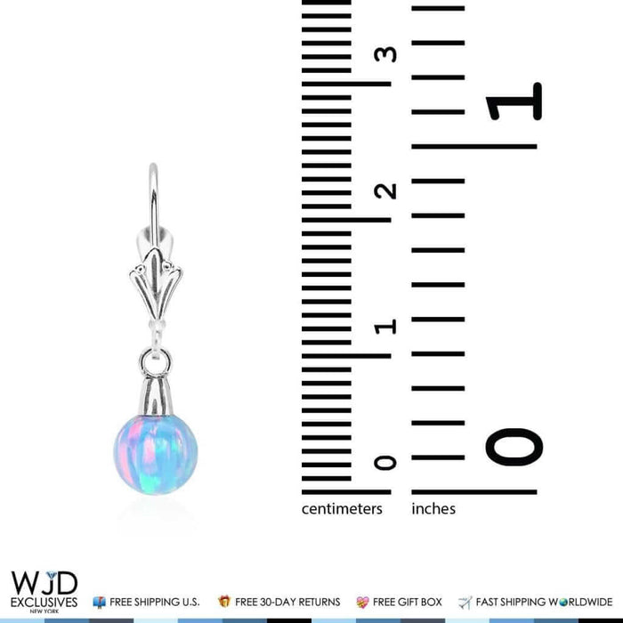 14K White Gold 6mm Ball Shaped Blue Fire Opal Leverback Dangle Earrings
