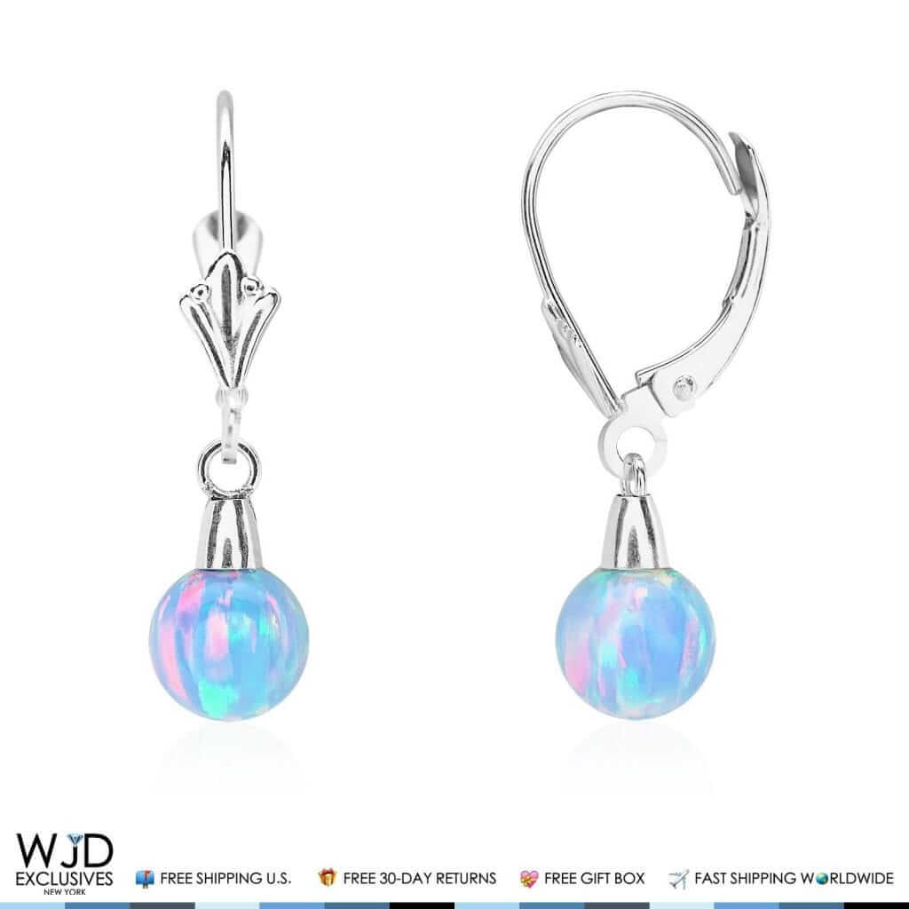 14K White Gold 6mm Ball Shaped Blue Fire Opal Leverback Dangle Earrings