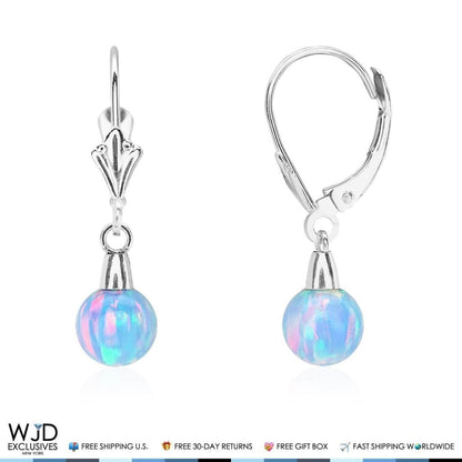 14K Solid White Gold 6 mm Ball Shaped Blue Fire Opal Leverback Dangle Earrings