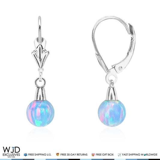 14K Solid White Gold 6 mm Ball Shaped Blue Fire Opal Leverback Dangle Earrings
