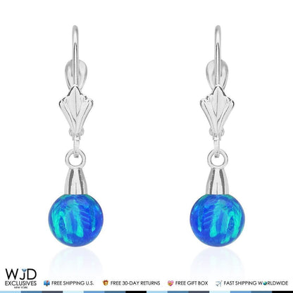 14K Solid White Gold 6 mm Ball Shaped Blue Fire Opal Leverback Dangle Earrings