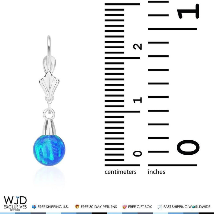 14K White Gold 6mm Ball Shaped Blue Fire Opal Leverback Dangle Earrings