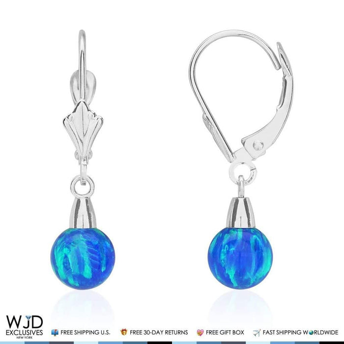 14K White Gold 6mm Ball Shaped Blue Fire Opal Leverback Dangle Earrings