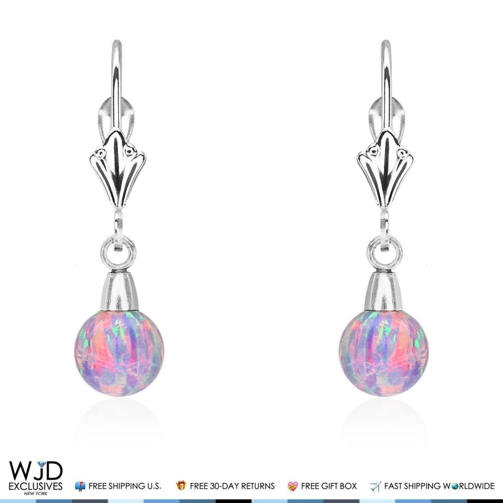 14K Solid White Gold 6 mm Ball Shaped Purple Fire Opal Leverback Dangle Earrings