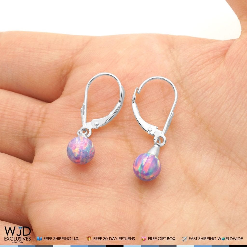14K Solid White Gold 6 mm Ball Shaped Purple Fire Opal Leverback Dangle Earrings