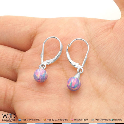 14K Solid White Gold 6 mm Ball Shaped Purple Fire Opal Leverback Dangle Earrings