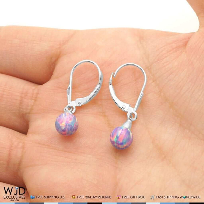 14K White Gold 6mm Ball Shaped Purple Fire Opal Leverback Dangle Earrings