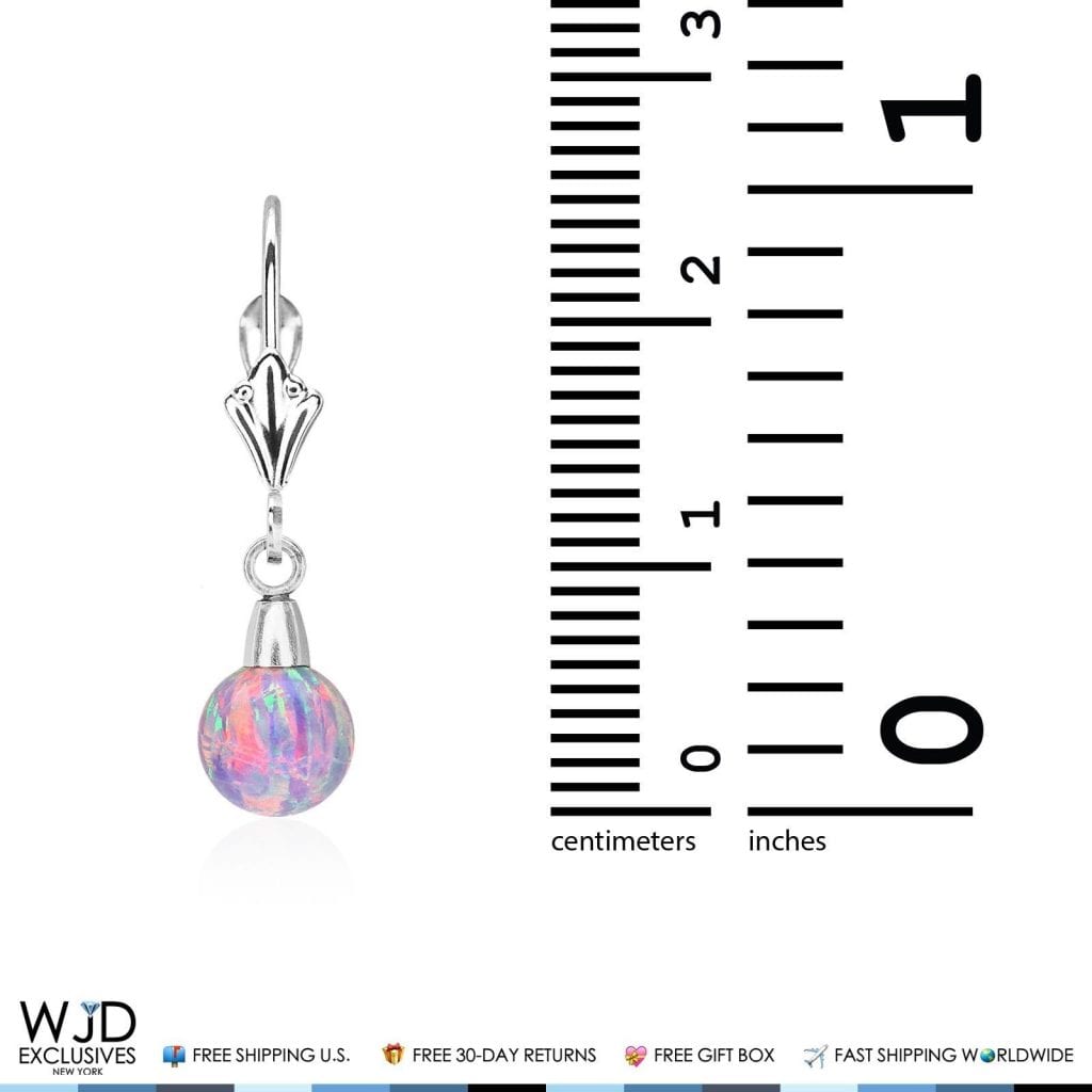 14K Solid White Gold 6 mm Ball Shaped Purple Fire Opal Leverback Dangle Earrings