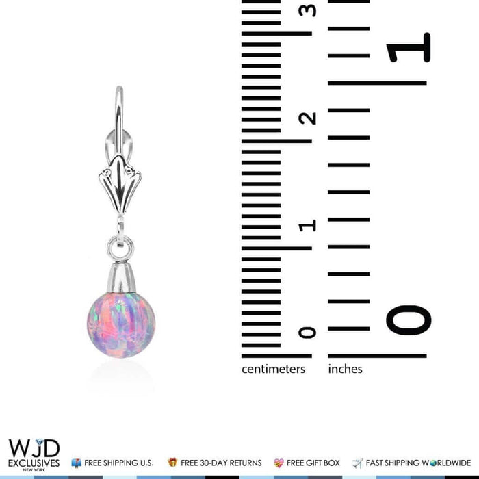 14K White Gold 6mm Ball Shaped Purple Fire Opal Leverback Dangle Earrings