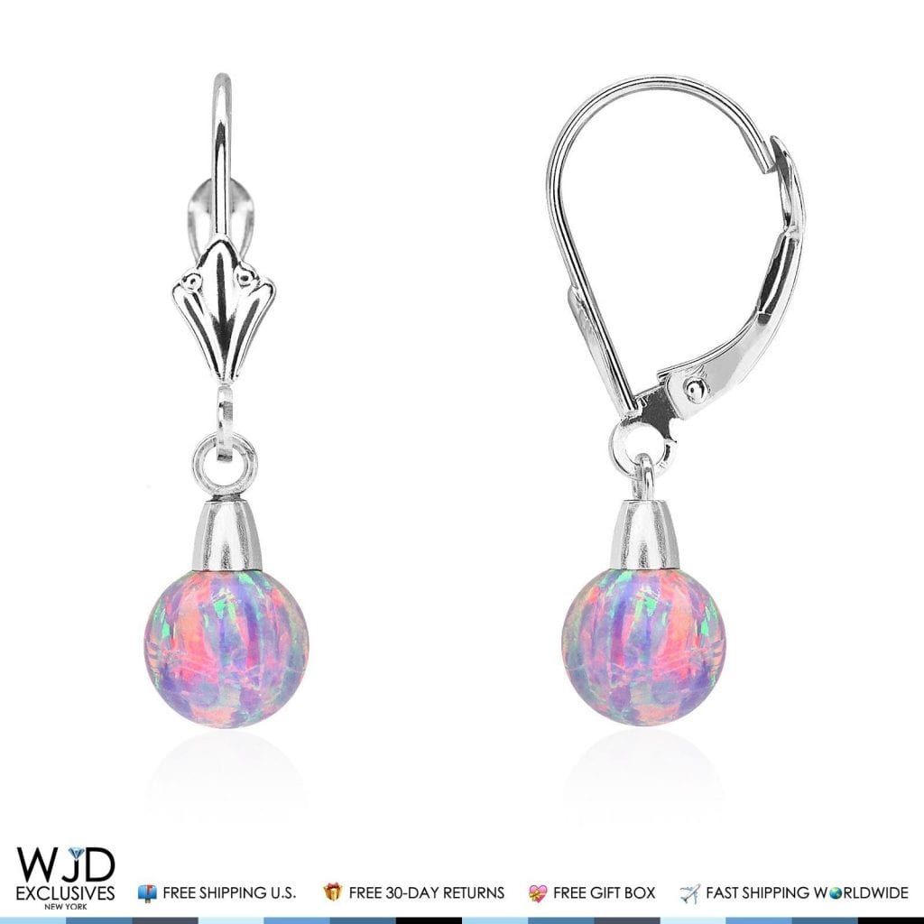 14K Solid White Gold 6 mm Ball Shaped Purple Fire Opal Leverback Dangle Earrings