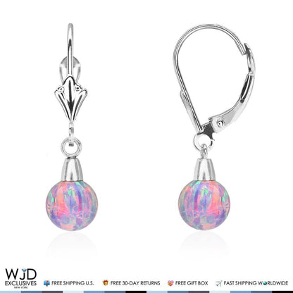 14K Solid White Gold 6 mm Ball Shaped Purple Fire Opal Leverback Dangle Earrings