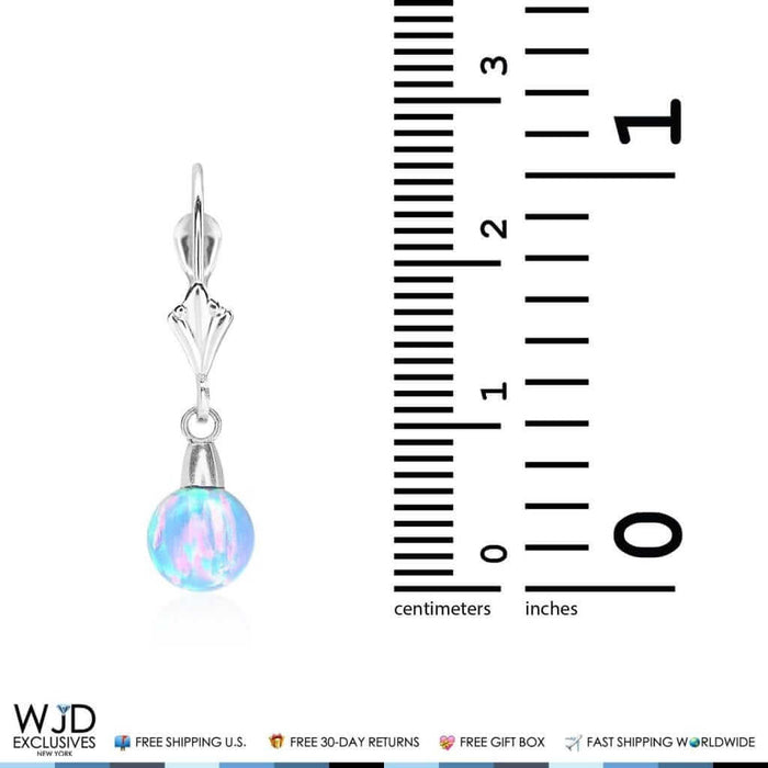 14K White Gold 7mm Blue Fire Opal Ball Leverback Dangle Earrings