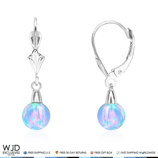 14K Solid White Gold 7mm Blue Fire Opal Ball Leverback Dangle Earrings