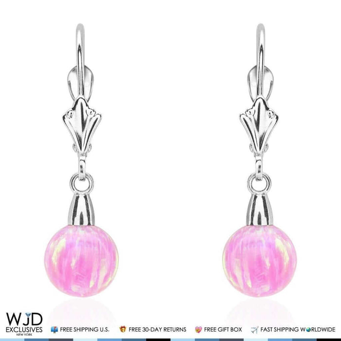 6mm-10mm Ball Shaped Pink Fire Opal Leverback Dangle Earrings 14K White Gold