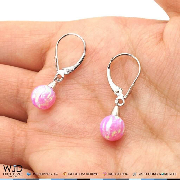 6mm-10mm Ball Shaped Pink Fire Opal Leverback Dangle Earrings 14K White Gold