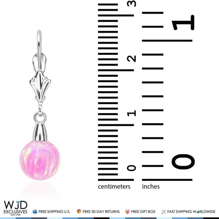 6mm-10mm Ball Shaped Pink Fire Opal Leverback Dangle Earrings 14K White Gold