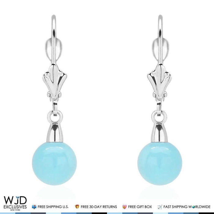 14K White Gold Ball Shaped Turquoise Leverback Dangle Earrings 6mm-10mm