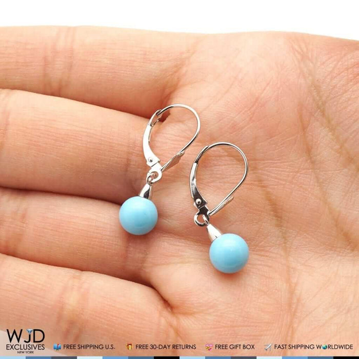 14K White Gold Ball Shaped Turquoise Leverback Dangle Earrings 6mm-10mm