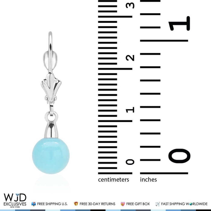 14K White Gold Ball Shaped Turquoise Leverback Dangle Earrings 6mm-10mm