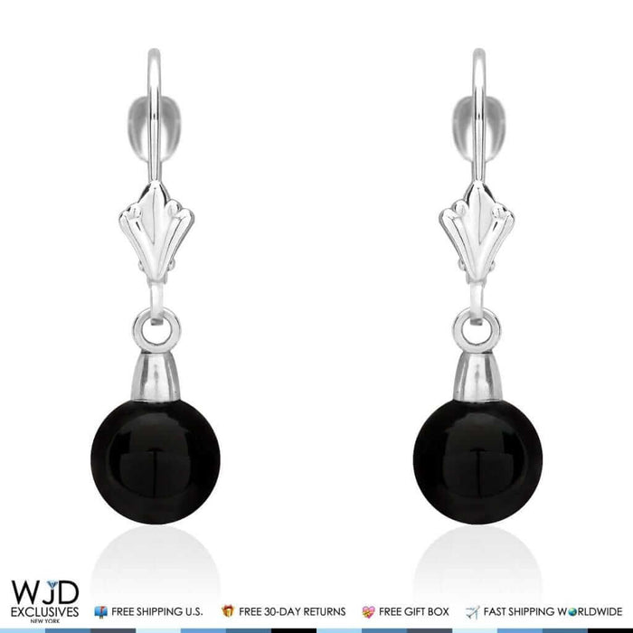 6mm-10mm Diameter Ball Shaped Onyx Dangle Leverback Earrings 14K White Gold