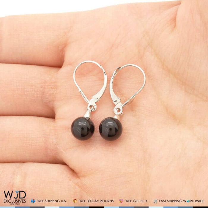 6mm-10mm Diameter Ball Shaped Onyx Dangle Leverback Earrings 14K White Gold