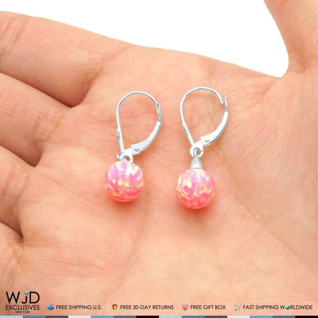 6mm-10mm Ball Peach Pink Fire Opal Leverback Dangle Earrings 14K White Gold