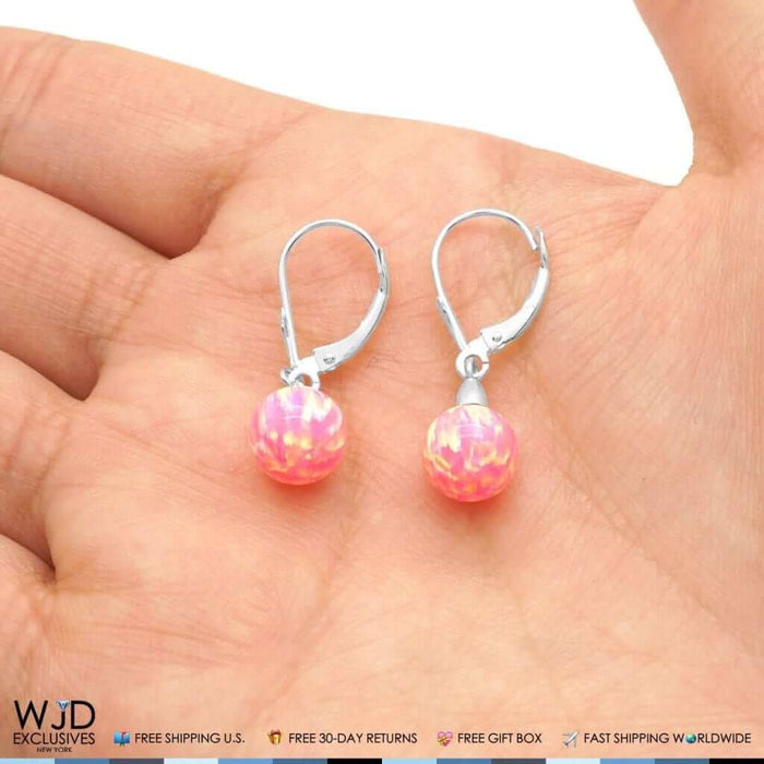 6mm-10mm Ball Peach Pink Fire Opal Leverback Dangle Earrings 14K White Gold