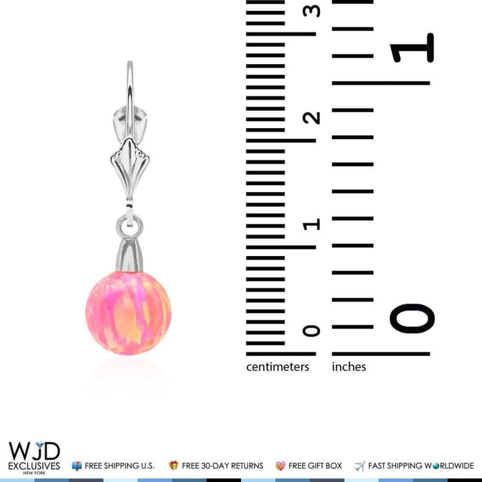 6mm-10mm Ball Peach Pink Fire Opal Leverback Dangle Earrings 14K White Gold