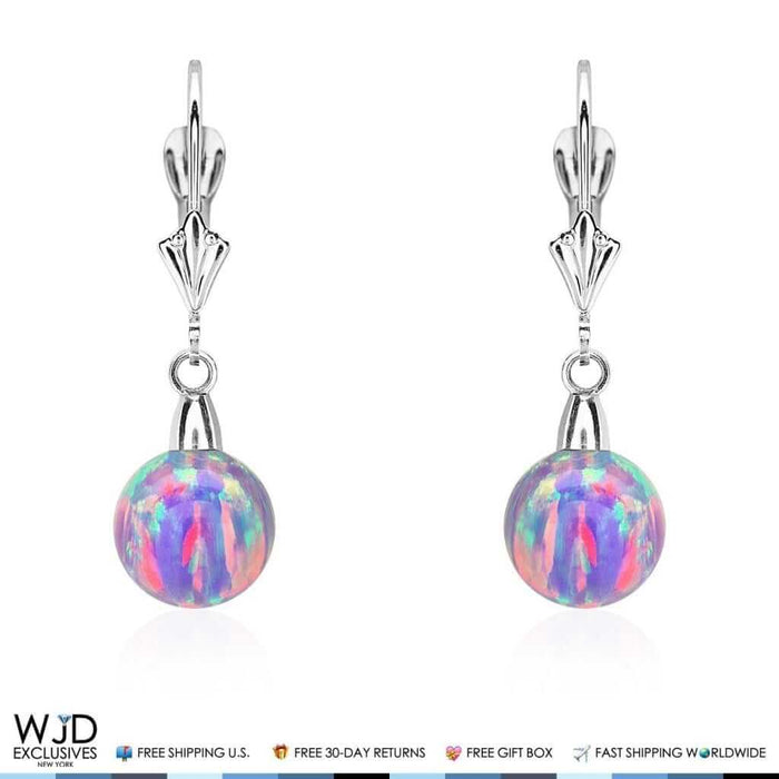 14K White Gold 8mm Ball Shaped Purple Fire Opal Leverback Dangle Earrings