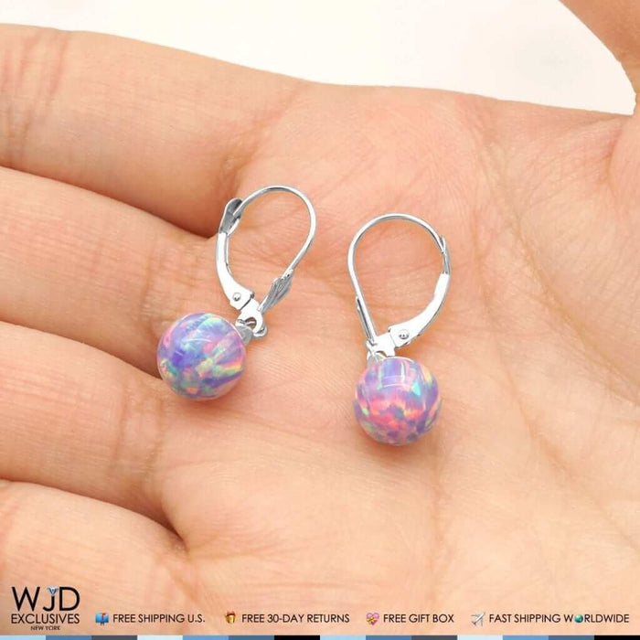 14K White Gold 8mm Ball Shaped Purple Fire Opal Leverback Dangle Earrings