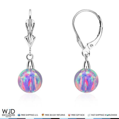 14K White Gold 8mm Ball Shaped Purple Fire Opal Leverback Dangle Earrings