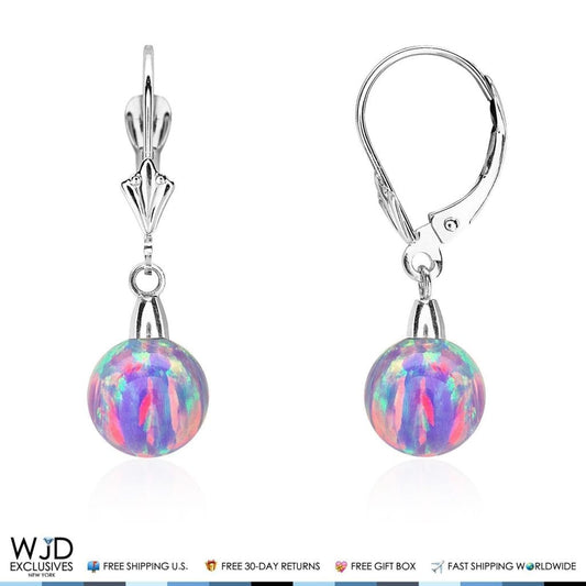 14K Solid White Gold 8 mm Ball Shaped Purple Fire Opal Leverback Dangle Earrings