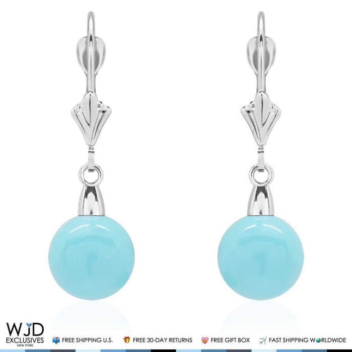 14K White Gold Ball Shaped Turquoise Leverback Dangle Earrings 6mm-10mm